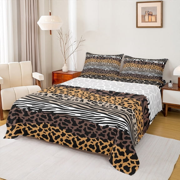 Castle Fairy Animal Leopard Cheetah Zebra Print Twin Sheet Sets 3pcs for Kids Teens Adults,Abstract Stripes Lines Twin Fitted Sheet Microfiber,Vintage Aesthetic Breathable Flat Sheet