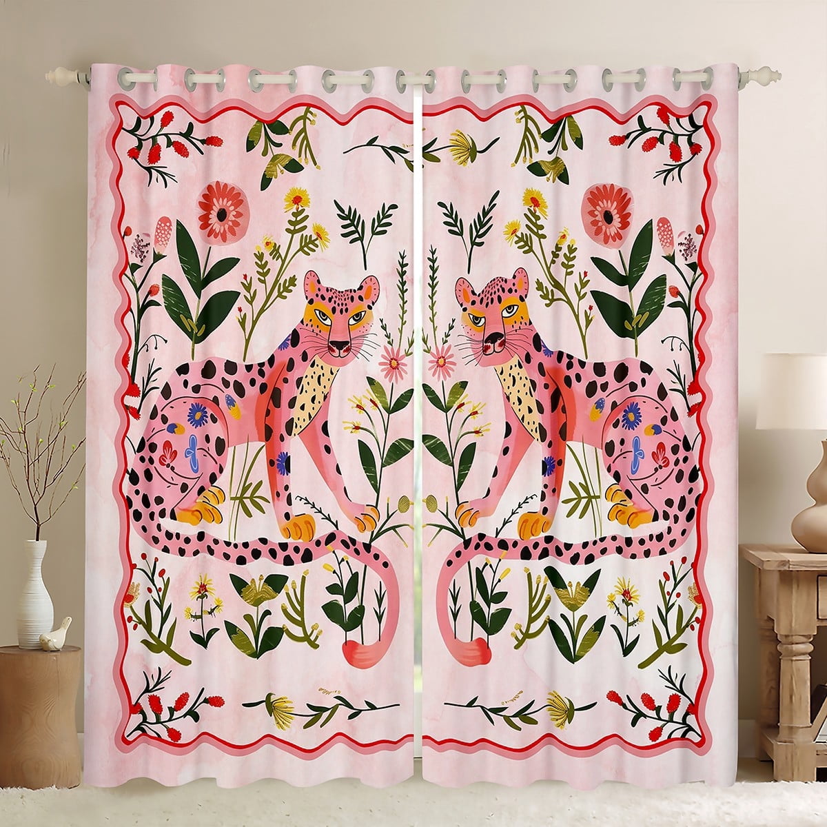 Castle Fairy Animal Leopard Curtains Pack of 2 (42x84 Each),Pink Green Curtains Blackout,Chic Flower Bedroom Curtains,Microfiber Teens Bedroom Decor