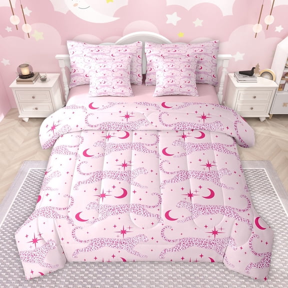 Castle Fairy Animal Leopard Twin Bedding Sets 7-Piece for Boys Girls,Moon Stars Print Bedding Comforter Set Microfiber,Abstract Jungle Wildlife Breathable Sheet Sets,Ultra Soft Home Decor,Reversible