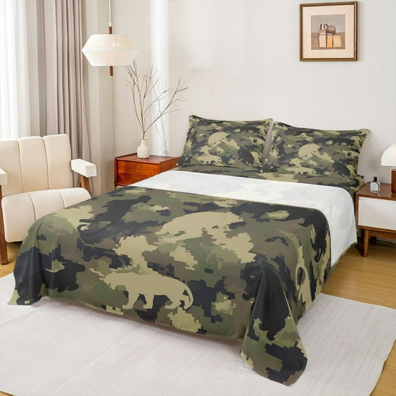 Castle Fairy Animal Leopard Twin Sheet Sets 3pcs for Boys Girls,Abstract Geometric Twin Fitted Sheet Microfiber,Green Camouflage Breathable Flat Sheet,Microfiber Bedroom Decor