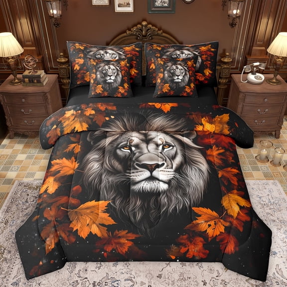 Castle Fairy Animal Lion Bedding Comforter Set 7pcs for Female Men Women,Autumn Maple Leaves Queen Bedding Sets Super Cozy,Jungle Wildlife Queen Sheet Sets,Super Cozy Room Decor,Reversible