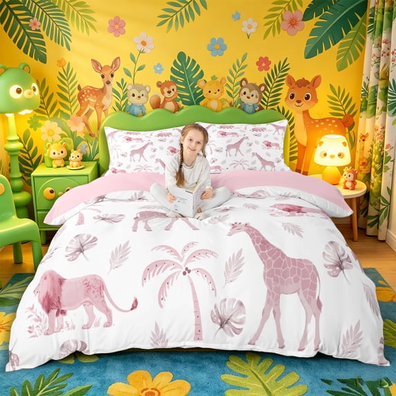 Castle Fairy Animal Lion Elephant Giraffe Duvet Cover Queen,Tropical Palm Tree Leaves Queen Bedding,Light Pink White,Pink Reversible,3-Piece,No Comforter,1 Duvet Cover and 2 Pillowcases