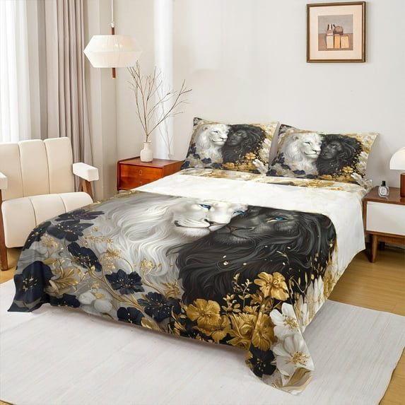 Castle Fairy Animal Lions 4-Piece Full Size Sheets for Teens Boys Girls,Vintage Flower Bed Sheets,Jungle Wildlife Lightweight Sheet Sets,Luxury Bedroom Decor