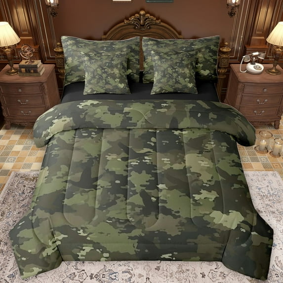 Castle Fairy Animal Mallard Duck Bedding Comforter Set 7-Piece for Boys Girls,Abstract Geometric King Bedding Sets,Green Camouflage Ultra Soft Bed Sheets,Microfiber Bedroom Decor,Reversible