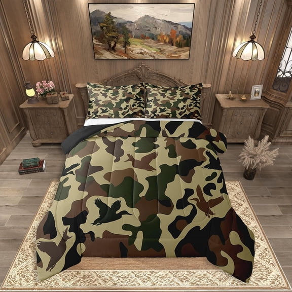 Manfei Animal Mallard Duck Full Size Comforter Sets 3-Piece,Abstract vintage Camouflage Bedding Comforter Set,Brown Green Camo Lightweight Bedding Sets,Microfiber Teens Bedroom Decor