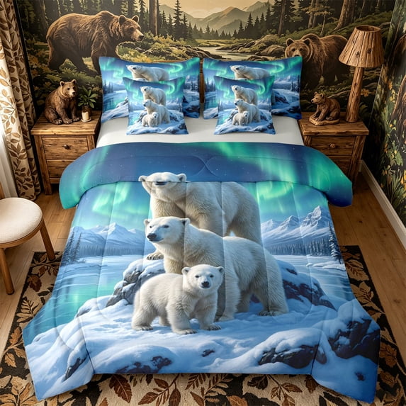 Castle Fairy Animal Northern Light Polar Bear Queen Bedding 7pcs for Teens,Snowy Mountain Lake Bedding Comforter Set Queen,Blue Green White,Grey Reversible