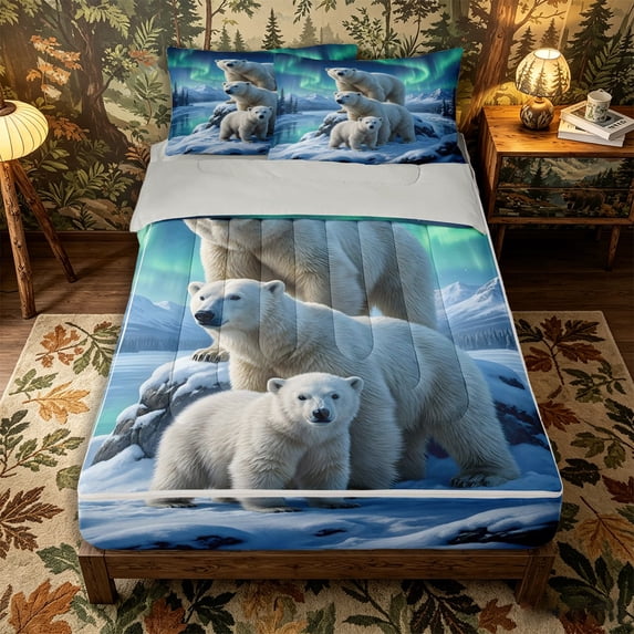 Castle Fairy Animal Northern Light Polar Bear Zipper Queen Comforter Set with Fitted Sheet and 2 Pillowcases for Teens,Snowy Mountain Lake Zipper Bedding Set,Grey Reversible,4 Pieces
