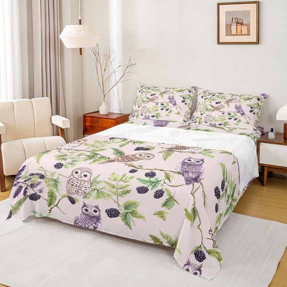Castle Fairy Animal Owl Full Size Sheets for Boys Girls,Tree Leaves Bed Sheets