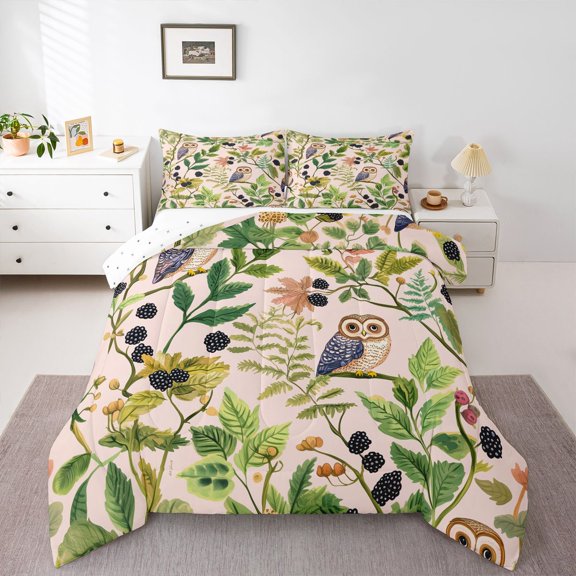 Castle Fairy Animal Owl Queen Comforter Set,Tree Leaves Bedding Comforter Set