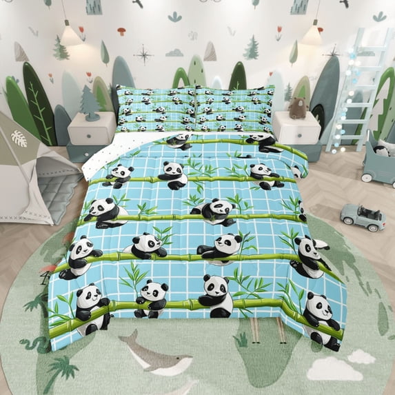 Castle Fairy Animal Panda 3-Piece Full Size Comforter Sets,Botanical Plants Bedding Comforter Set,Geometric Plaid Lightweight Bedding Sets,Breathable Kawaii Home Decor,Reversible