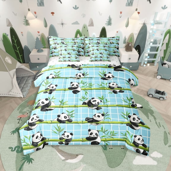 Castle Fairy Animal Panda 7 Pieces Bedding Comforter Set,Botanical Plants Full Bedding Set Lightweight,Geometric Plaid Fitted Sheet Flat Sheet,Breathable Kawaii Home Decor,Reversible