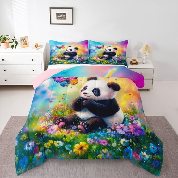 Castle Fairy Animal Panda Full Size Comforter Sets,Colorful Flowers Butterfly Bedding Sets