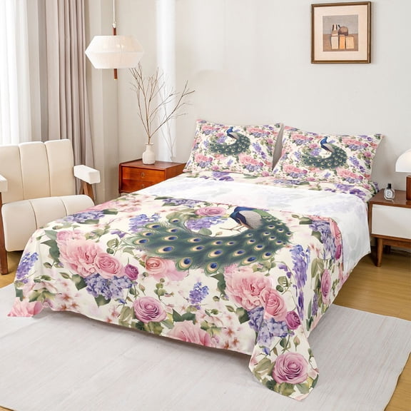 Castle Fairy Animal Peacock 4 Pieces Queen Sheet Sets for Teens Female Girls,Chic Floral Flower Ultra Soft Flat Sheet,Vintage Aesthetic Queen Fitted Sheet,Ultra Soft Home Decor