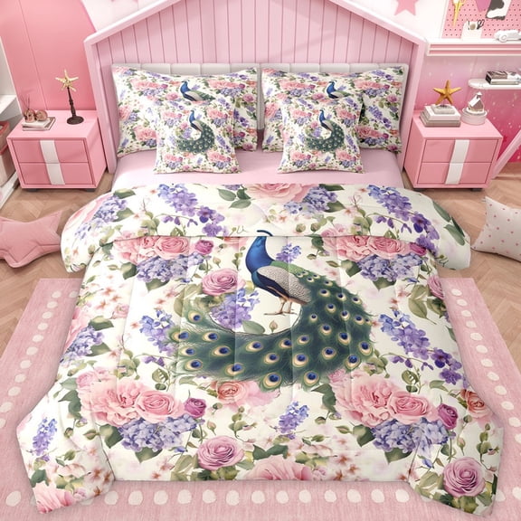 Castle Fairy Animal Peacock Bedding Comforter Set 7 Pieces for Teens Female Girls,Chic Floral Flower Full Bedding Set Lightweight,Vintage Aesthetic Fitted Sheet Flat Sheet,Ultra Soft Home Decor