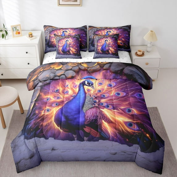Castle Fairy Animal Peacock Twin Bedding Sets 7-Piece for Children Teens,Exotic Style Bedding Comforter Set Microfiber,Vintage Aesthetic Breathable Sheet Sets,Breathable Home Decor,Reversible