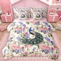 Castle Fairy Animal Peacock Twin Bedding Sets 7-Piece for Teens Female Girls,Chic Floral Flower Bedding Comforter Set Microfiber,Vintage Aesthetic Breathable Sheet Sets,Ultra Soft Home Decor