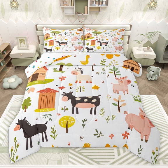 Castle Fairy Animal Pig Cow Queen Comforter Set,Cartoon Farm Cabin Bedding Comforter Set