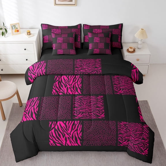 Castle Fairy Animal Print 7pcs Bedding Comforter Set for Teenagers,Black Pink Queen Bedding Sets Super Cozy,Abstract Patchwork Queen Sheet Sets,Breathable Home Decor