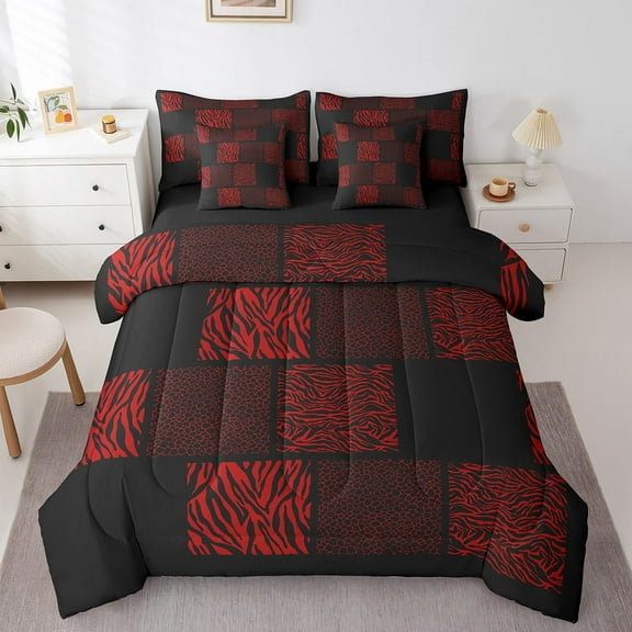 Castle Fairy Animal Print 7pcs Bedding Comforter Set for Teenagers,Black Red Queen Bedding Sets Super Cozy,Abstract Patchwork Queen Sheet Sets,Breathable Home Decor