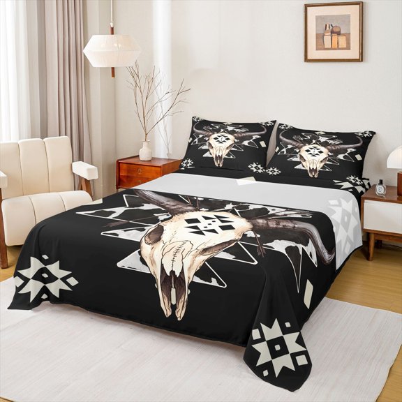 Castle Fairy Animal Print Aztec Twin Sheet Sets for Female Men,Western Bull Skull Bedding