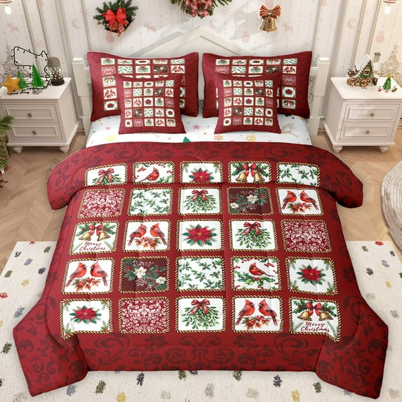 Castle Fairy Animal Red Sparrow Bedding Comforter Set 7-Piece for Teens Adults,Geometric Pladi King Bedding Sets,Merry Christmas Ultra Soft Bed Sheets,Luxury Bedroom Decor,Reversible