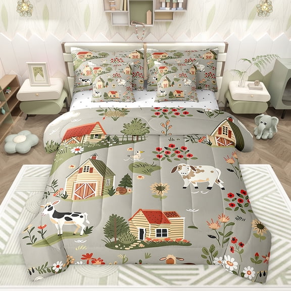 Castle Fairy Animal Sheep Cow Bedding Comforter Set,Vintage Cottage King Bedding Sets
