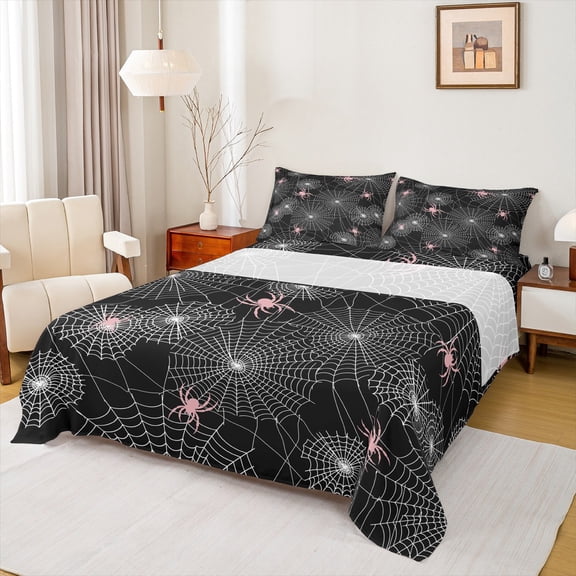 Castle Fairy Animal Spider Web Full Size Sheets 4-Piece,Gothic Style Breathable Bed Sheets,Abstract Geometric Stripes Lightweight Sheet Sets,Breathable Home Decor