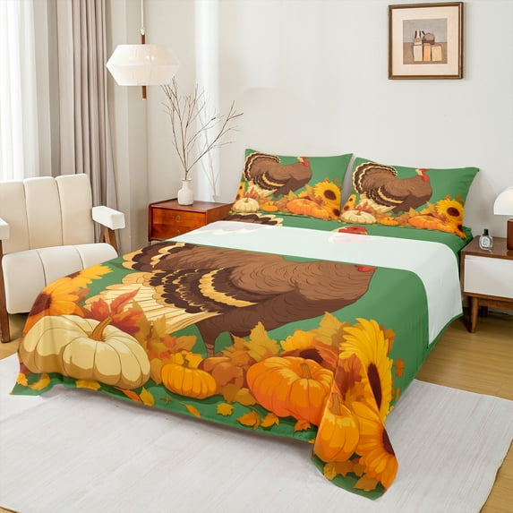 Castle Fairy Animal Turkey 4 Pieces Queen Sheet Sets for Teenagers,Thanksgiving Day Pumpkin Ultra Soft Flat Sheet,Golden Flower Sunflower Queen Fitted Sheet,Microfiber Bedroom Decor