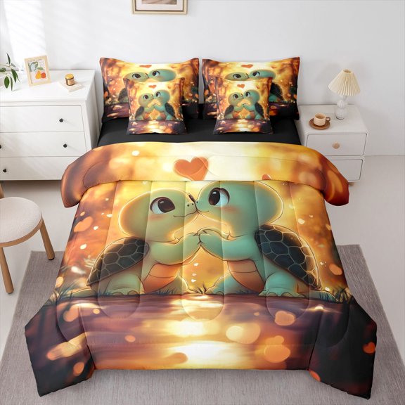Castle Fairy Animal Turtle Couple Bedding Comforter Set,Romantic Lover King Bedding Sets