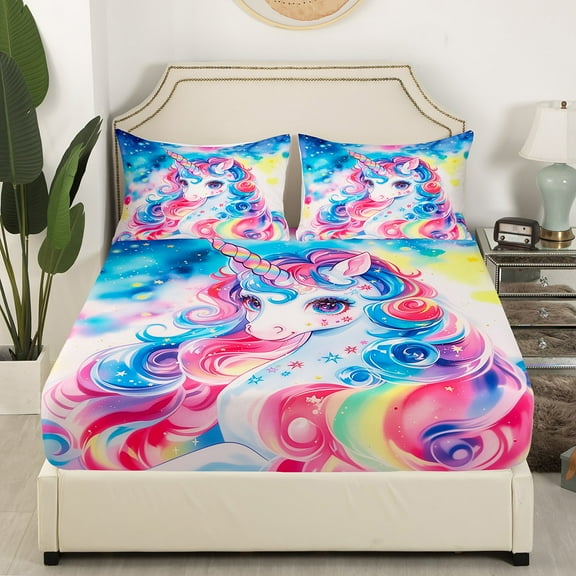 Castle Fairy Animal Unicorn 3pcs Twin Sheet Sets,Cartoon Wildlife Twin Fitted Sheet,Starry Sky Breathable Flat Sheet,Lightweight Gradient Room Decor