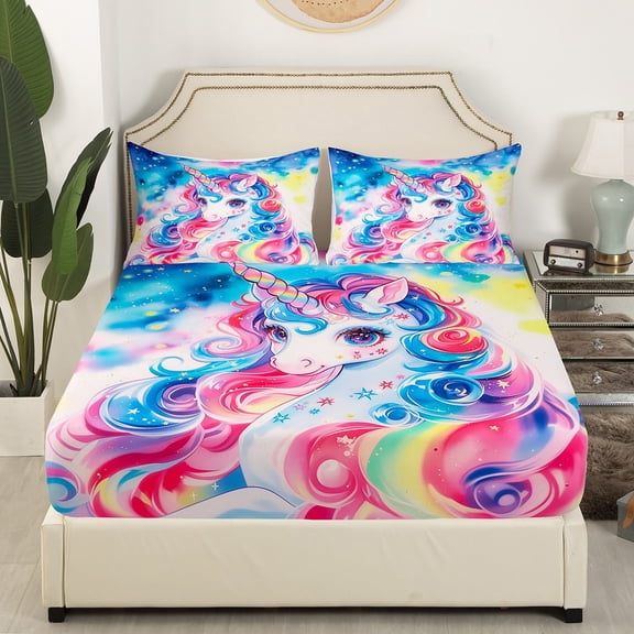 Castle Fairy Animal Unicorn 4-Piece Full Size Sheets,Cartoon Wildlife Bed Sheets,Starry Sky Lightweight Sheet Sets,Lightweight Gradient Room Decor