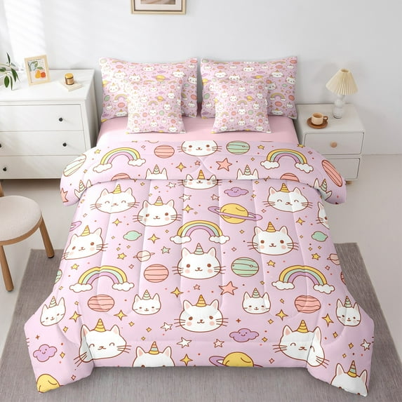 Castle Fairy Animal Unicorn Cats Twin Bedding Sets,Rainbow Planet Bedding Comforter Set