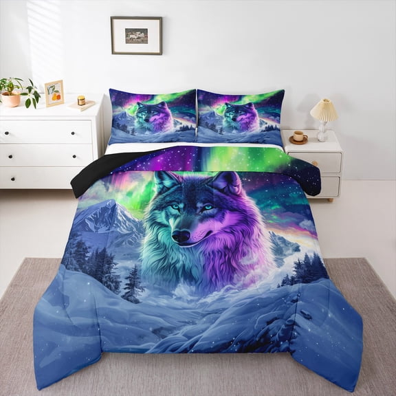 Castle Fairy Wolf Arctic Aurora Starry Sky Reversible 2-Piece Comforter Set for Men Teenagers, Twin Size