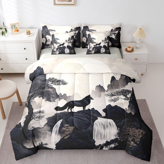 Castle Fairy Animal Wolf Bedding Comforter Set,Jungle Wildlife Queen Bedding Sets