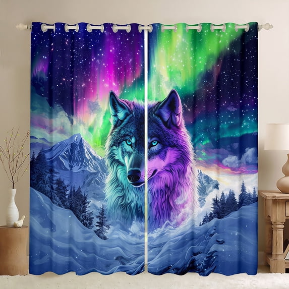 Castle Fairy Animal Wolf Blackout Curtains Set of 2 (52x84 Each) for Men Teenagers,Arctic Aurora Window Curtains,Starry Sky Curtains and Drapes,Super Cozy Room Decor
