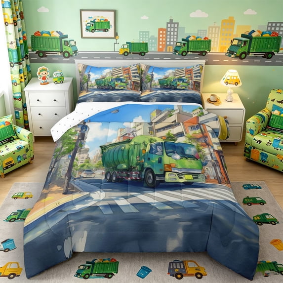 Castle Fairy Anime Garbage Truck Queen Comforter Set 3pcs for Teens, City Street View Bedding Comforter Set for Bedroom, Green Blue