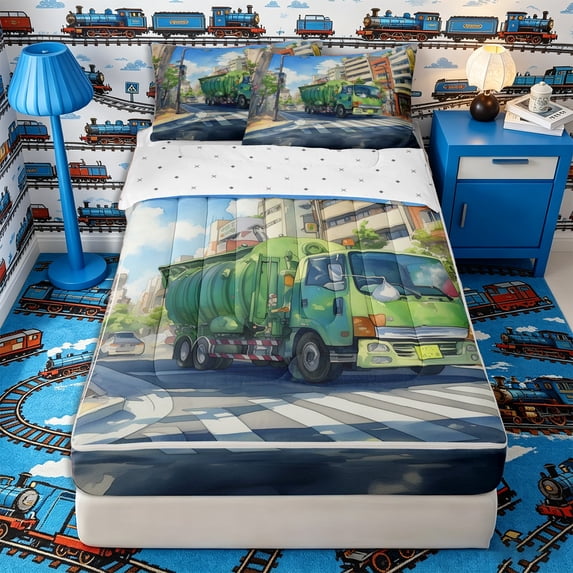 Castle Fairy Anime Garbage Truck Zipper Twin Comforter Sets with Fitted Sheet and 2 Pillowcases,City Street View Zipper Bedding Set for Bedroom,Green Blue,4-Piece,Reversible