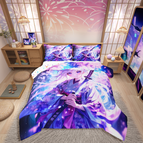 Castle Fairy Anime Girl 3-Piece Full Size Comforter Sets,Cherry Blossom Bedding Comforter Set,Pink Blue Lightweight Bedding Sets,Breathable Samurai Home Decor,Reversible