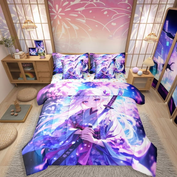 Castle Fairy Anime Girl 7pcs Bedding Comforter Set,Cherry Blossom Queen Bedding Sets Super Cozy,Pink Blue Queen Sheet Sets,Breathable Samurai Home Decor,Reversible