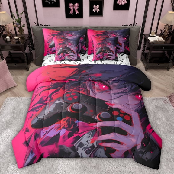 Castle Fairy Anime Girl Bedding Comforter Set,Black Red Gamepads Full Bedding Set