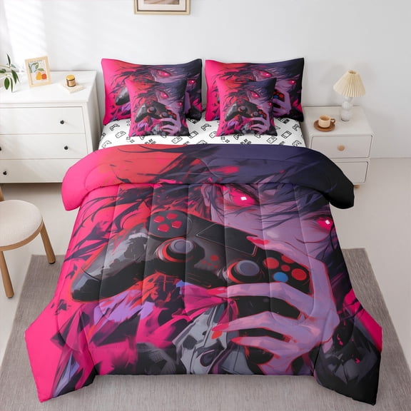Castle Fairy Anime Girl Bedding Comforter Set,Black Red Gamepads Queen Bedding Sets