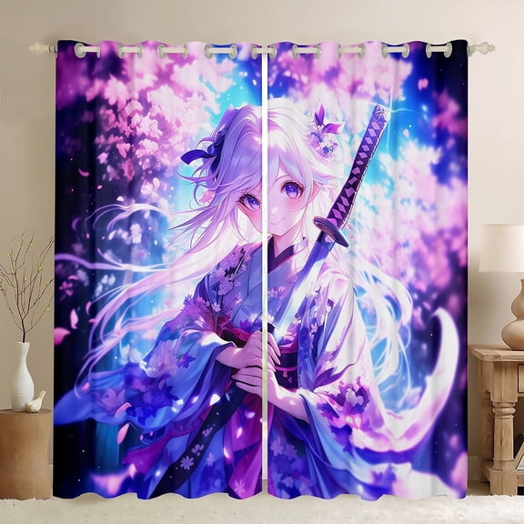 Castle Fairy Anime Girl Curtains Pack of 2 (42x84 Each),Cherry Blossom Curtains Blackout,Pink Blue Bedroom Curtains,Breathable Samurai Home Decor