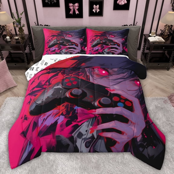Castle Fairy Anime Girl Twin Comforter Sets for Teenagers,Black Red Gamepads Bedding Set