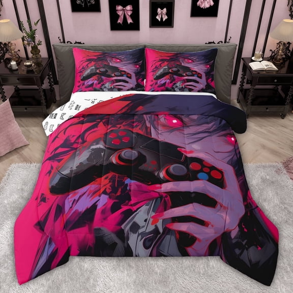 Castle Fairy Anime Girl Twin Comforter Sets for Teenagers,Black Red Gamepads Bedding Set