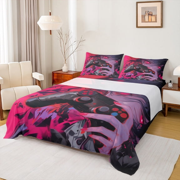 Castle Fairy Anime Girl Twin Sheet Sets for Children Teenagers,Black Red Gamepads Bedding