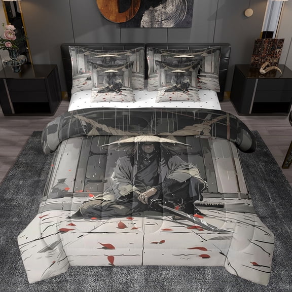 Castle Fairy Anime Samurai Bedding Comforter Set 7 Pieces for Adults Female Men,Japanese Style Full Bedding Set Lightweight,Cartoon Manga Boy Fitted Sheet Flat Sheet,Ultra Soft Home Decor,Reversible