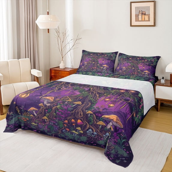 Castle Fairy Anime Tree Mushroom 4pcs Bed Sheets for Boys Girls,Fairy Spring Garden King Sheets,Magical Botanical Plants Super Cozy Sheet Set,Lightweight Room Decor