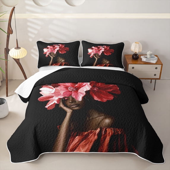 Castle Fairy Artistic Floral Bloom Bed Spread Queen,Elegant Woman Portrait Queen Coverlet Set,Red Pink Coral