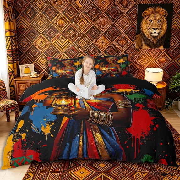 Castle Fairy Artistic Lantern African Queen Duvet Cover King,Splatter Geometric Pattern King Bedding,Black Orange Blue,Grey Reversible,1 Duvet Cover and 2 Pillowcases