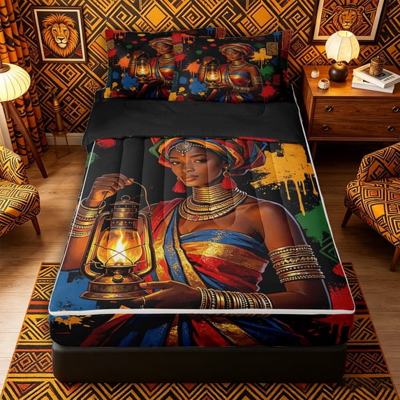 Castle Fairy Artistic Lantern African Queen Zipper Twin Comforter Sets with Fitted Sheet and 2 Pillowcases,Splatter Geometric Pattern Zipper Bedding Set,Black Orange Blue,Grey Reversible,4-Piece